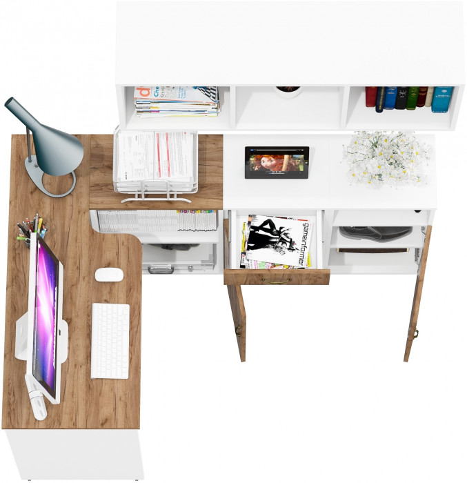 Лидер-8 Стол + Полка + Тумба МД 3.15 + Тумба МД 3.19, цвет белый шагрень/крафт золото, ШхГхВ 245х50/30х75/190 или 115х50/160х75/190 с, НЕ универс. сб.