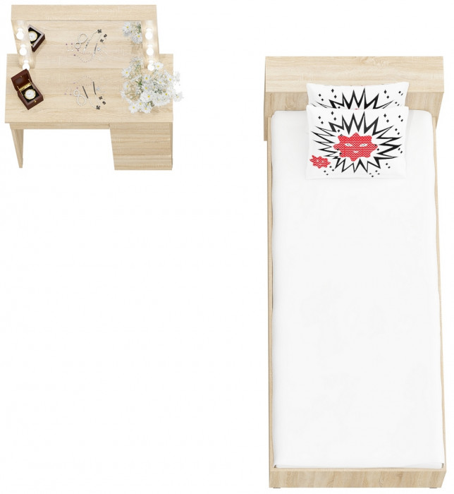 Ксения Кровать с ящиками 0900 + Стол косметический с подсветкой Сура, дуб сонома