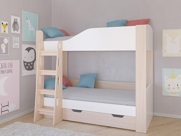 Кровать двухъярусная АСТРА 2 Дуб молочный/Белый с ящиком