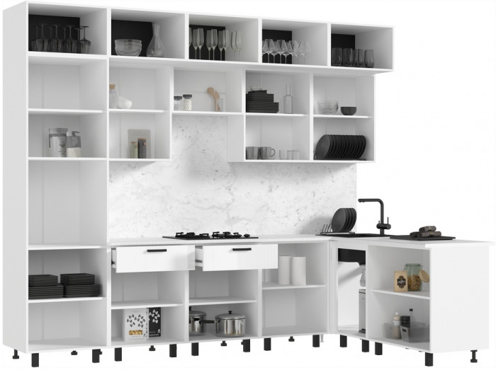 Кухня Техно 3,0х1,8/1080м Компоновка №8, Белый/Белый глянец