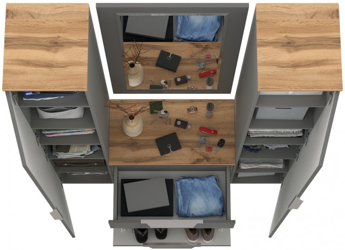 Октава Прихожая 43, цвет серый графит/дуб крафт золотой/фасады МДФ серый графит, ШхГхВ 129,3х35,4х197,6 см., универсальная сборка