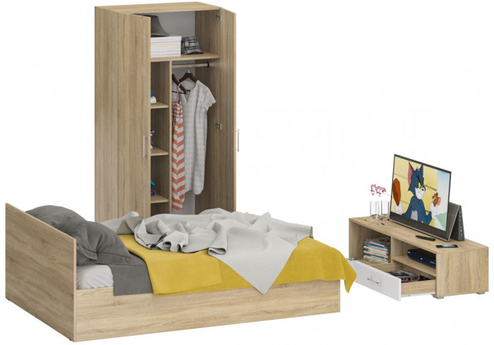 Спальня Стандарт 3-1400, дуб сонома/фасады ТВ тумбы МДФ белый глянец