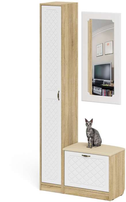 Прихожая П-6 Компоновка № 20, цвет дуб сонома/фасады МДФ белое дерево фрезеровка ромб, ШхГхВ 90х35х210 см., универсальная сборка