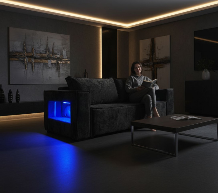 Диван-кровать Лофт Люкс Плюш с подсветкой, еврокнижка, 140х195, черный