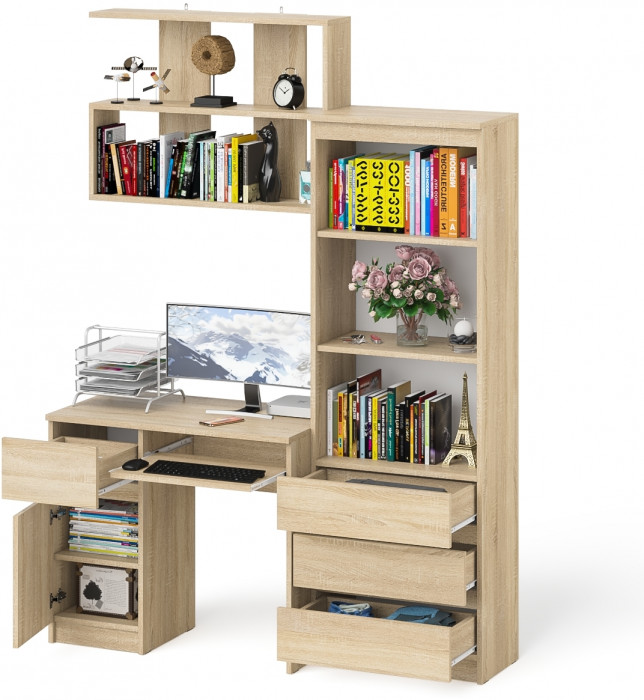 Мори компьютерный стол МС-1 левый + Стеллаж МСТ600.3 + Полка 900, дуб сонома