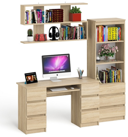 Мори компьютерный стол МС-2 + Стеллаж МСТ600.3 + Полка 1200, дуб сонома