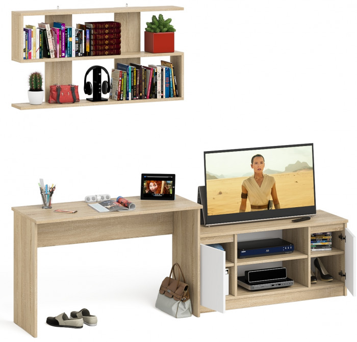 Мори письменный стол МСП1200.1 + Тумба МТВ1200.1 + Полка 1200, дуб сонома/белый