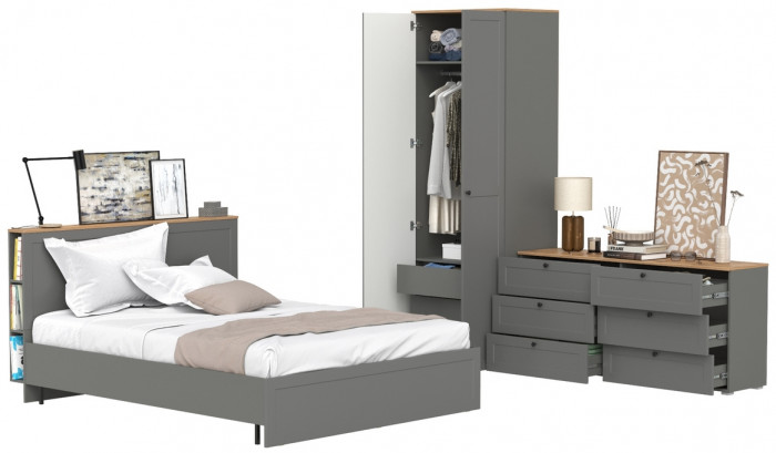 Остин 11.53 Кровать + ортопед + 13.336.02 Шкаф для одежды + 16.240 Комод, серый графит/дуб крафт золотой