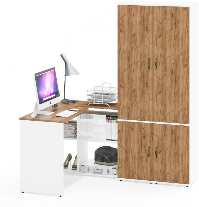 Лидер-8 Стол + Пенал МД 21Б + Пенал МД 21Б, цвет белый шагрень/крафт золото, ШхГхВ 245х50/37,5х75/190 или 115х160/50х75/190 см., НЕ ун. сборка