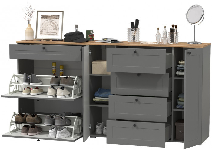 Остин 16.221 Комод + 16.121 Тумба для обуви, цвет серый графит/дуб крафт золотой, ШхГхВ 200х41,9х99,3 см., универсальная сборка