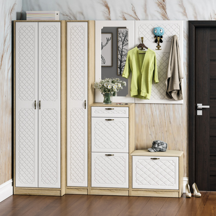 Прихожая П-6 Шкаф, цвет дуб сонома/фасады МДФ белое дерево фрезеровка ромб, ШхГхВ 60х50х210 см.