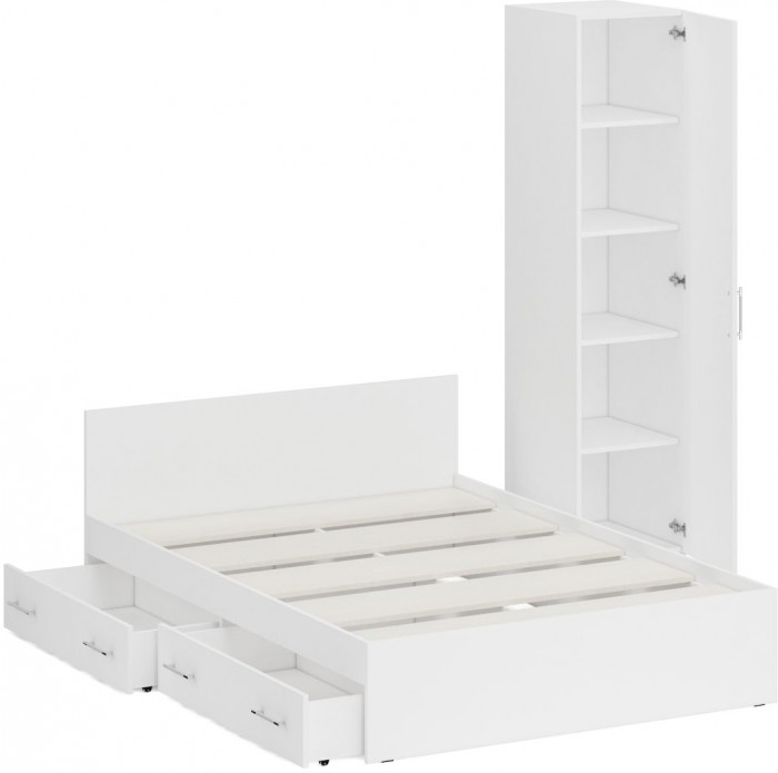 Кровать с ящиками 1400 + Пенал Стандарт, цвет белый, ШхГхВ 143,5х203,5х70 + 45х52х200 см., сп.м. 1400х2000 мм., без матраса, основание есть