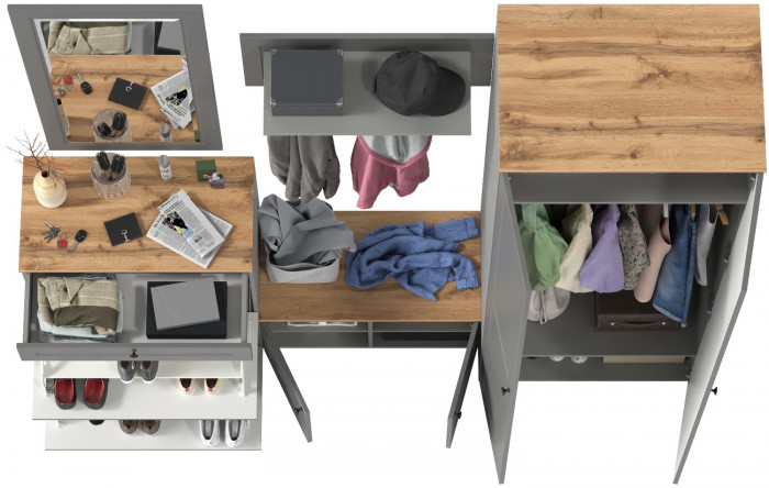 Остин Прихожая 47, цвет серый графит/дуб крафт золотой, ШхГхВ 240х54,3х229,6 см., универсальная сборка