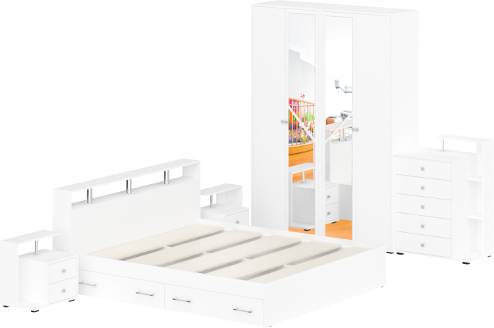 Камелия спальня № 11 Кровать с ящиками 1800 + Две тумбы + Комод + Шкаф 4-х створчатый, белый