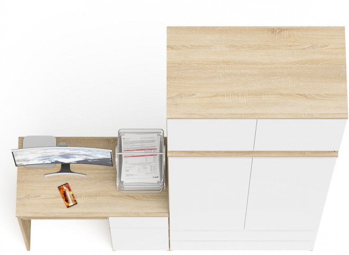 Мори компьютерный стол МС-1 правый + Шкаф МШ900.1 + Антресоль МА900.1, дуб сонома/белый