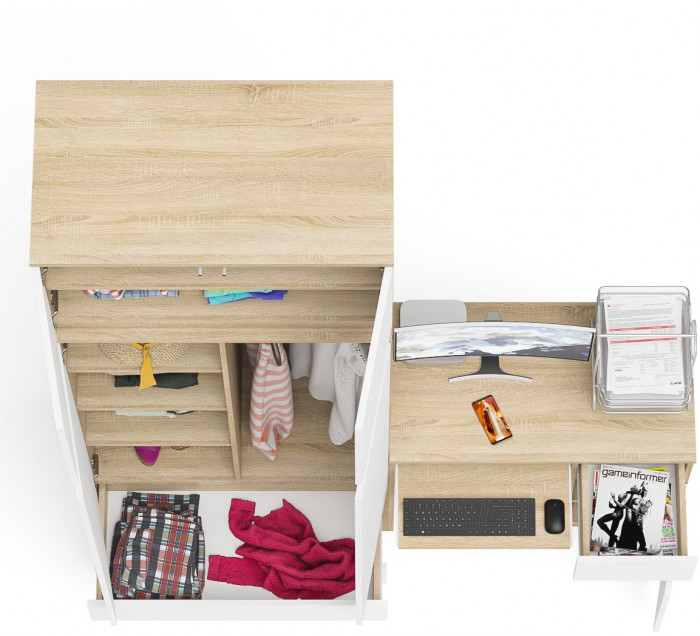 Мори компьютерный стол МС-1 правый + Шкаф МШ900.1 + Антресоль МА900.1, дуб сонома/белый