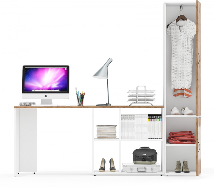 Лидер-8 Стол + Пенал МД 21Б, цвет белый шагрень/крафт золото, ШхГхВ 205х50/37,5х75/190  или 115х50/120х75/190 см., НЕ универсальная сборка