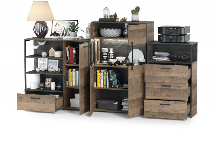 Трувор 13.307.01 Комод + 13.306 Комод с витриной + 13.307.02 Комод с ящиками, цвет дуб гранж песочный/интра, ШхГхВ 260,8х37х135,3 см., ун. сборка