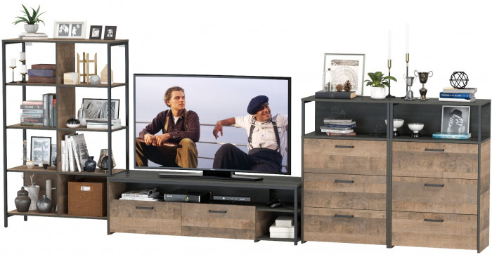 Трувор Гостиная 100, цвет дуб гранж песочный/интра, ШхГхВ 371,8х45,4х146 см., универсальная сборка