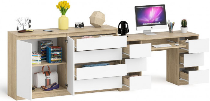 Мори компьютерный стол МС-2 + Комод МК1600.1, дуб сонома/белый
