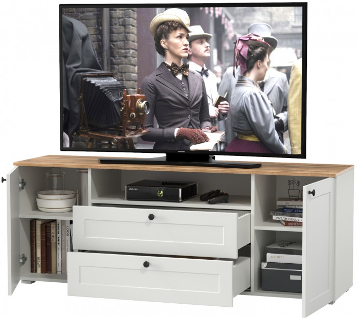 Остин 16.47 Тумба под ТВ, цвет белый шагрень/дуб крафт золотой, ШхГхВ 160х41,9х60,8 см.