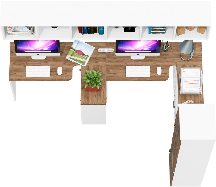 Лидер-8 Стол + Полка + Стол + Полка + Пенал МД 22Б + Тумба МД 3.19, белый шагрень/крафт золото