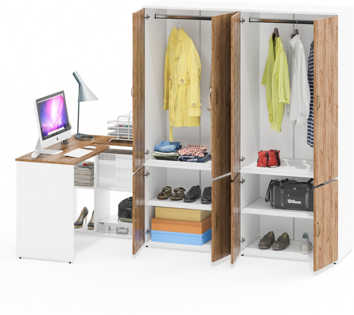 Лидер-8 Стол + Шкаф МД 19Б + Шкаф МД 19Б, белый шагрень/крафт золото