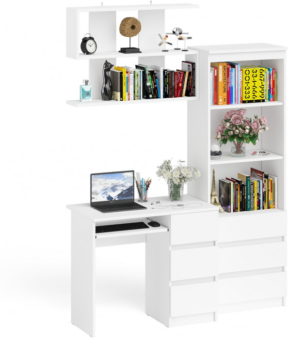 Мори компьютерный стол МС-6 правый + Стеллаж МСТ600.3 + Полка 900, белый