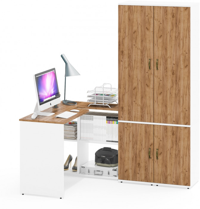 Лидер-8 Стол + Пенал МД 22Б + Пенал МД 22Б, цвет белый шагрень/крафт золото, ШхГхВ 245х50/37,5х75/190 или 115х160/50х75/190 см., НЕ ун. сборка