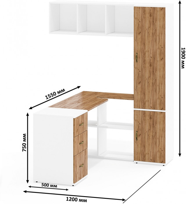Лидер-8 Стол + Полка + Тумба МД 3.16 + Пенал МД 21Б, цвет белый шагрень/крафт золото, ШхГхВ 245х50/37,5х75/190 или 155х120/50х75/190 см., НЕ ун. сб.