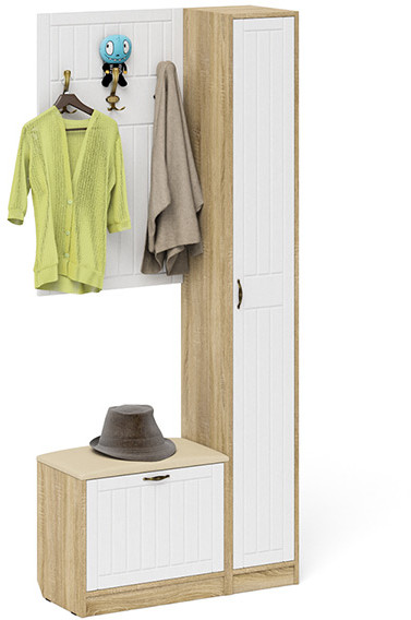 Прихожая П-6 Компоновка № 21, цвет дуб сонома/фасады МДФ белое дерево фрезеровка прованс, ШхГхВ 90х35х210 см., универсальная сборка