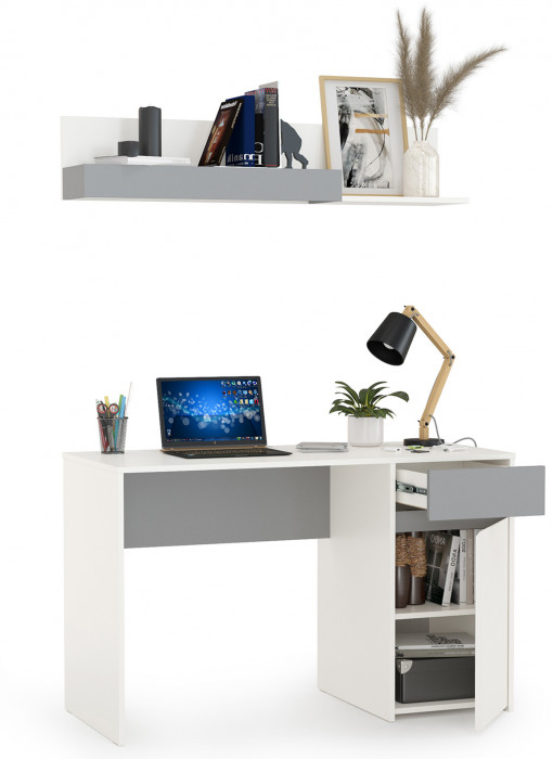 Торонто 12.149 Стол + 16.475 Полка, цвет белый шагрень/стальной серый, ШхГхВ 120х53,1х150 см., универсальная сборка