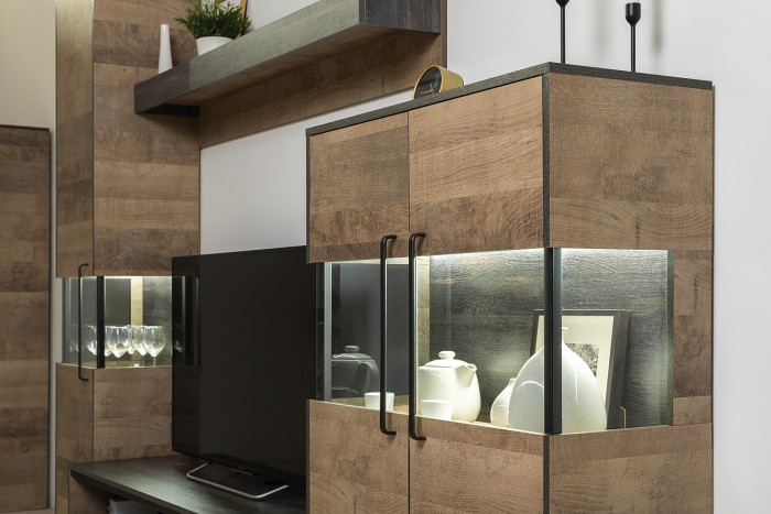 Трувор 13.307.01 Комод + 13.306 Комод с витриной, цвет дуб гранж песочный/интра, ШхГхВ 194,8х37х135,3 см., универсальная сборка