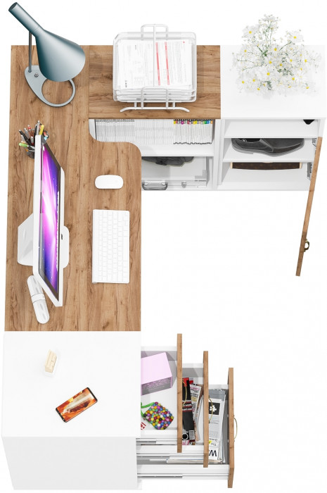 Лидер-8 Стол + Тумба МД 3.16 + Тумба МД 3.19, цвет белый шагрень/крафт золото, ШхГхВ 245х50/30х75 см. или 115х50/160х75 см., НЕ универсальная сборка