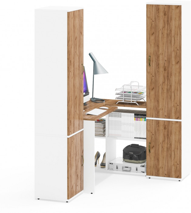 Лидер-8 Пенал МД 22Б + Стол + Пенал 21Б, цвет белый шагрень/крафт золото, ШхГхВ 245х50/37,5х75/190 или 155х120/50х75/190 см., НЕ универсальная сборка