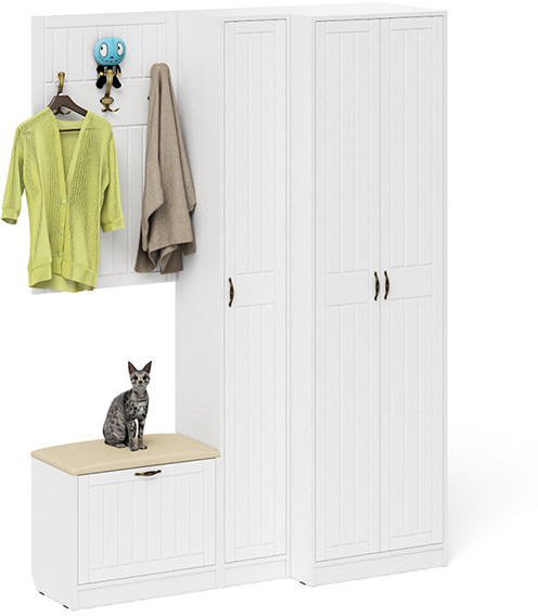 Прихожая П-6 Компоновка № 27, цвет белая шагрень/фасады МДФ белое дерево фрезеровка прованс, ШхГхВ 150х50х210 см., универсальная сборка