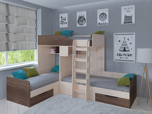 Кровать двухъярусная Трио Дуб молочный/Дуб шамони