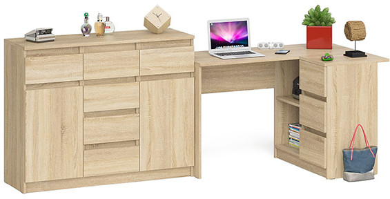Мори Стол компьютерный МС-16 правый + Комод МК1200.4, цвет дуб сонома, ШхГхВ 244,8х84,9х94 см., выдвижные ящики справа, НЕ универсальная сборка