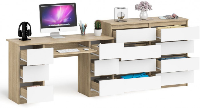 Мори Стол компьютерный МС-2 + Комод МК1200.8, цвет дуб сонома/белый, ШхГхВ 255,8х50х94 см., универсальная сборка