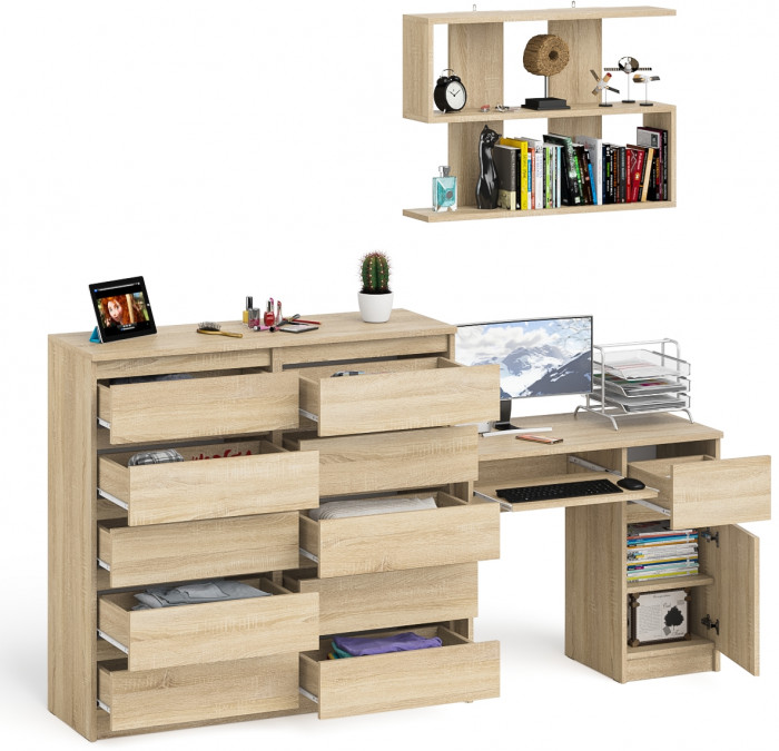 Мори компьютерный стол МС-1 правый + Комод МК1200.10 + Полка 900, дуб сонома