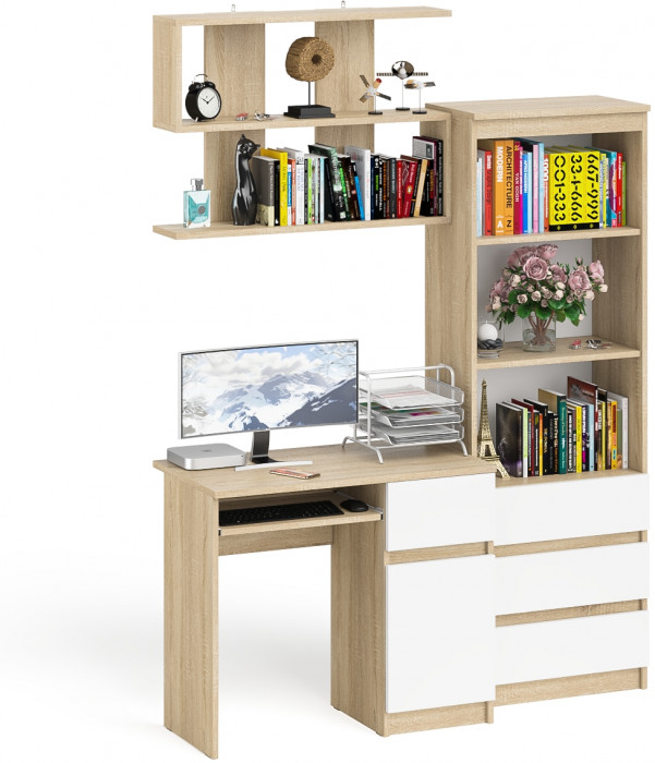 Мори компьютерный стол МС-1 правый + Стеллаж МСТ600.3 + Полка 900, дуб сонома/белый