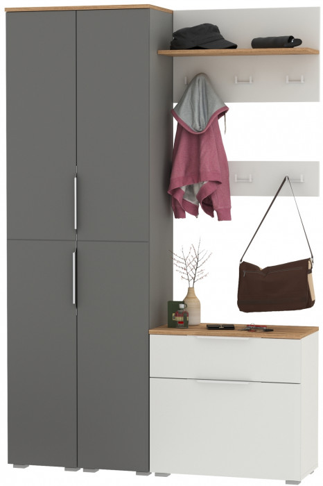 Октава Прихожая 51, цвет белый шагрень/серый графит/дуб крафт золотой/фасады МДФ белый шагрень/серый графит, ШхГхВ 129,3х35,4х197,6 см., ун. сб.