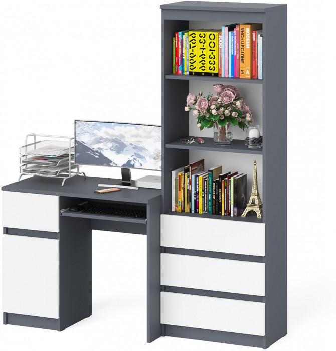 Мори компьютерный стол МС-1 левый + Стеллаж МСТ600.3, графит/белый