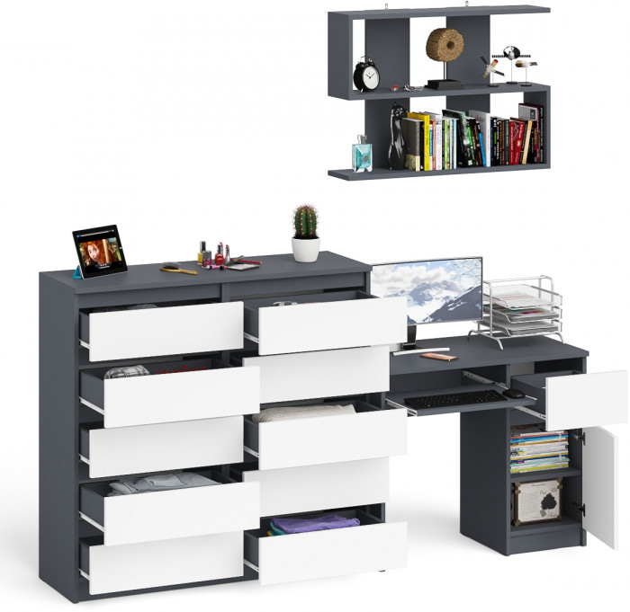Мори компьютерный стол МС-1 правый + Комод МК1200.10 + Полка 900, графит/белый