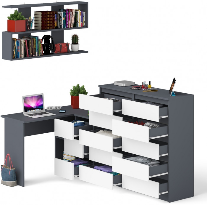 Мори компьютерный стол МС-16 правый + Комод МК1200.10 + Полка 1200, графит/белый