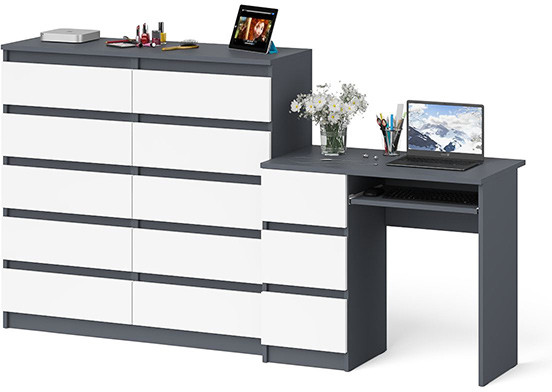 Мори компьютерный стол МС-6 левый + Комод МК1200.10, графит/белый