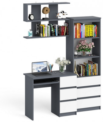 Мори компьютерный стол МС-6 правый + Стеллаж МСТ600.3 + Полка 900, графит/белый