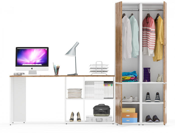 Лидер-8 Стол + Пенал МД 23Б + Пенал МД 23Б, цвет белый шагрень/крафт золото, ШхГхВ 245х50х75/190 или 115х160/50х75/190 см., НЕ ун. сборка