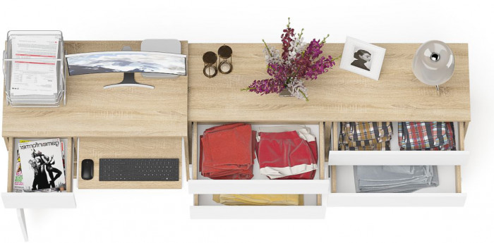 Мори Стол компьютерный МС-1 левый + Комод МК1380.6, цвет дуб сонома/белый, ШхГхВ 228х50х76,6 см., выдвижной ящик слева, НЕ универсальная сборка