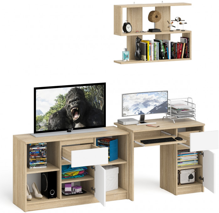Мори Стол компьютерный МС-1 правый + Тумба МТВ1204.1 + Полка 900, цвет дуб сонома/белый, ШхГхВ 210,4х50х209,6 см., НЕ универсальная сборка